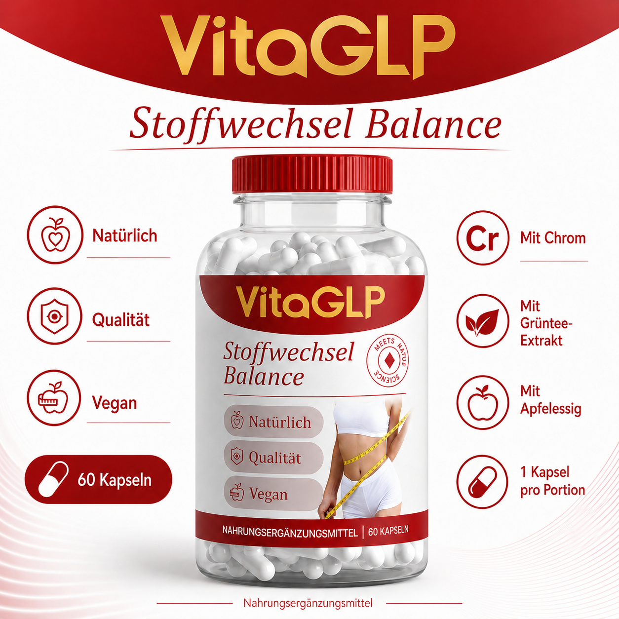 VitaGLP Stoffwechsel Balance – Nahrungsergänzungsmittel mit Chrom, Grüntee, Apfelessig, Ingwer & Zimt | 60 Kapseln
