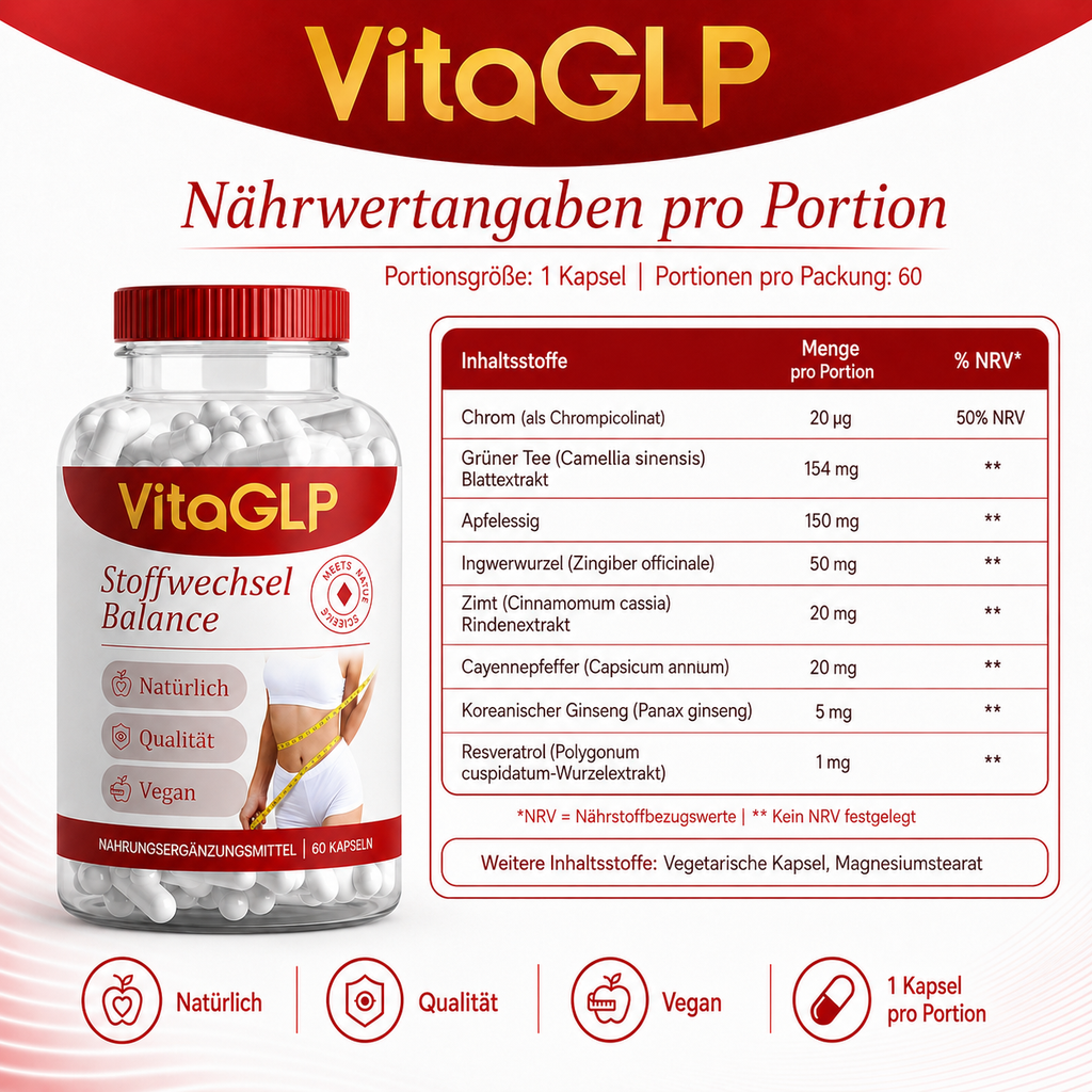 VitaGLP Stoffwechsel Balance – Nahrungsergänzungsmittel mit Chrom, Grüntee, Apfelessig, Ingwer & Zimt | 60 Kapseln
