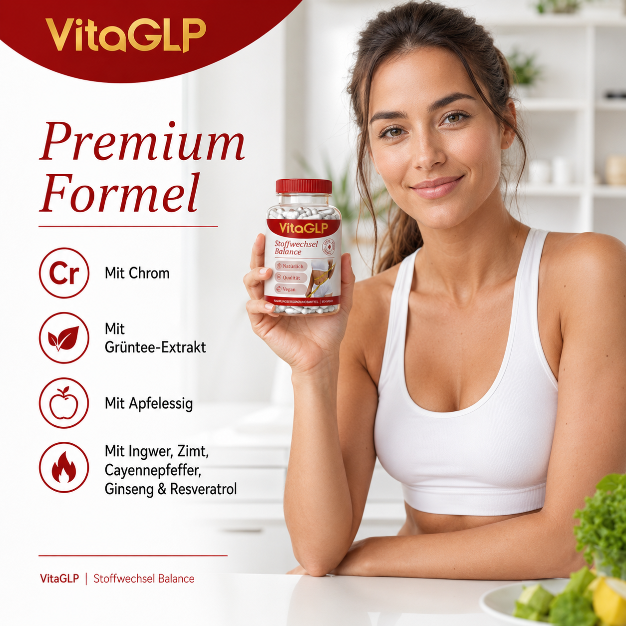 VitaGLP Stoffwechsel Balance – Nahrungsergänzungsmittel mit Chrom, Grüntee, Apfelessig, Ingwer & Zimt | 60 Kapseln