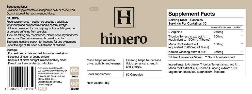 Himero Male Vitality Support Capsules with Tribulus, Maca and Ginseng, 60 Capsules