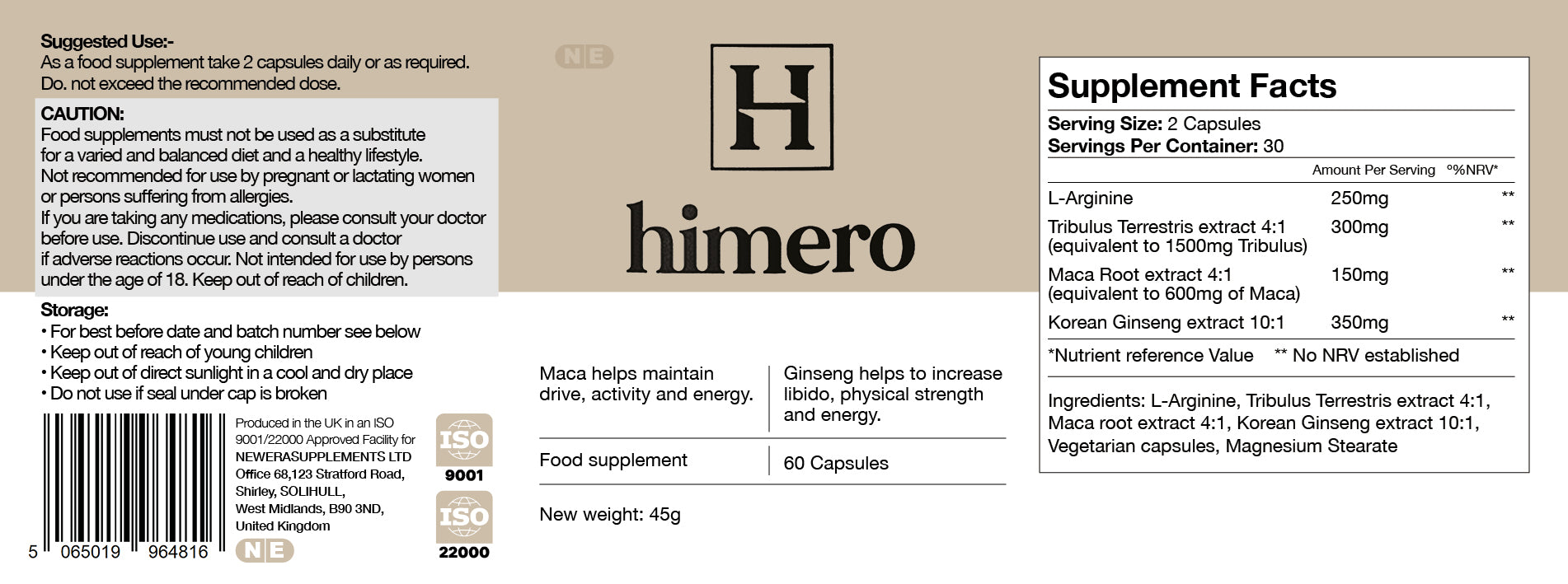 Himero Male Vitality Support Capsules with Tribulus, Maca and Ginseng, 60 Capsules